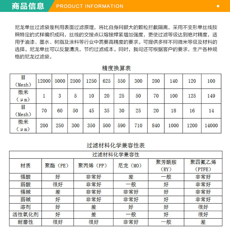 尼龍過濾袋尺寸表